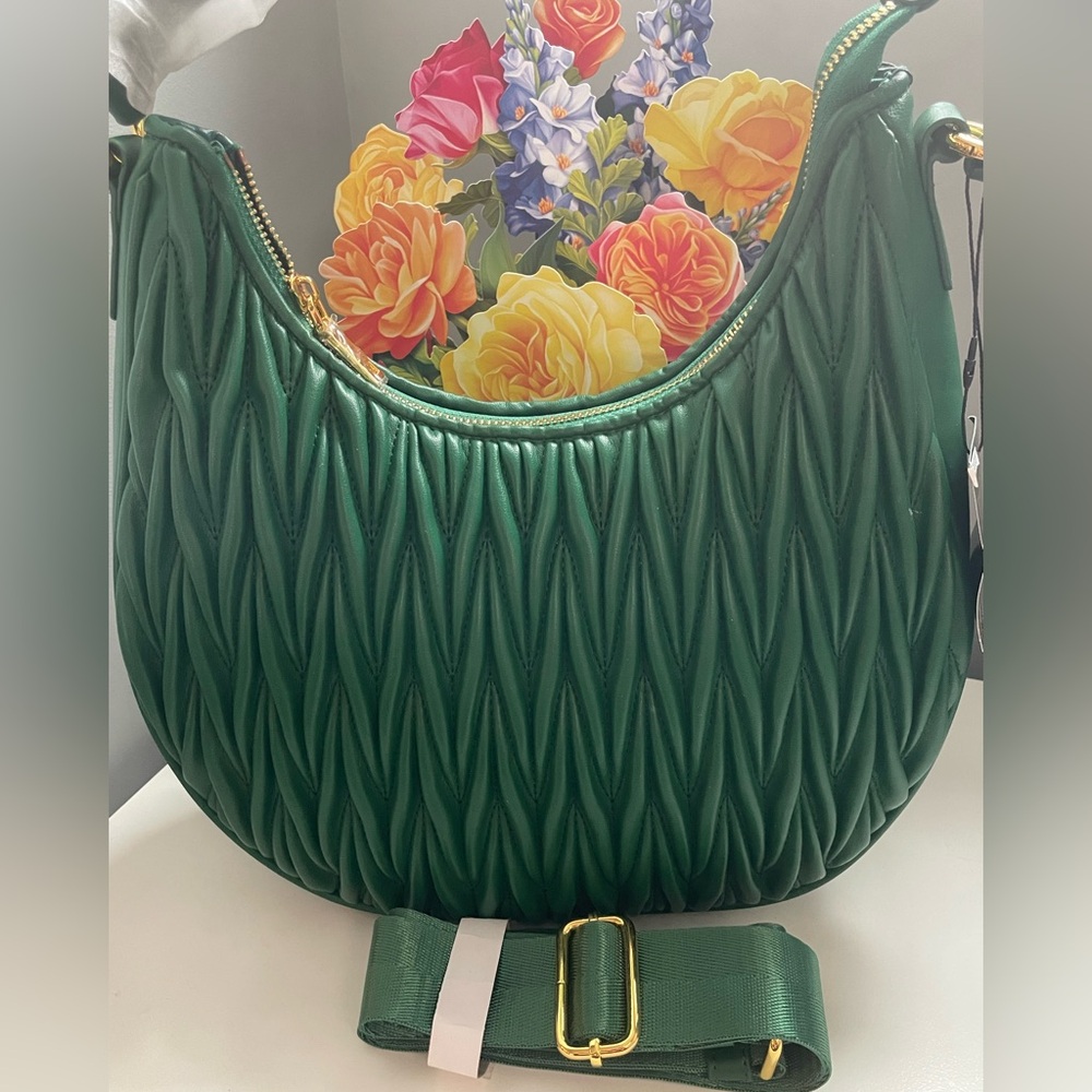 Green Quilted Italian Leather Shoulder / Crossbody Bag with Wide Strap - NWT
